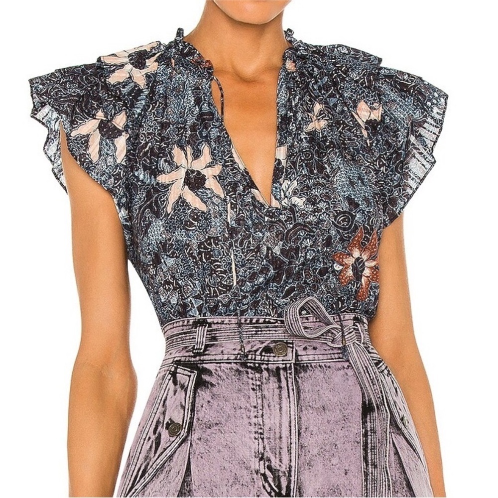 Nwot Ulla Johnson Ruffle Sleeve Cotton-Blend Floral Dara Top Azul